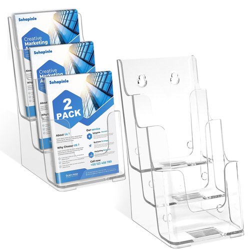 3 Tier Acrylic Brochure Holder 4 x 9 Inches 2 Pack Clear Literature Holders Plastic Flyer Display Stand Thicker Countertop Organizer for Pamphlets Magazines Booklets Menus, Desk & Wall Mount
