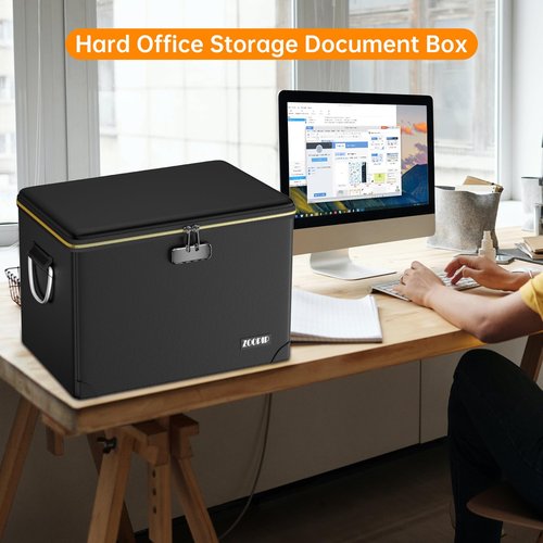 ZOOPIP Fireproof Document Box,Hard Case File Organizer with Fireproof Zipper&Threads,Non-Foldable Filing Cabinet with Lock, Portable Office Safe Box Storage for Hanging Letter Folder,Valuables,Black
