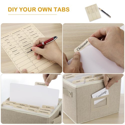 Greeting Card Organizer Box with 16 Dividers,Collapsible Greeting Card Storage Box with Handles Hold 150+ Cards,Greeting Card Holder for Greeting Cards,Sticker, Recipes, Photo, Envelope (Beige, 1 pcs)