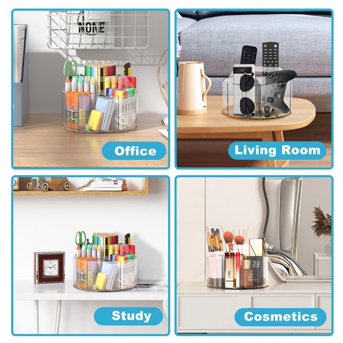 Acrylic Pen Holder for Desks, Acrylic Desk Organizer Clear, 360 Degree Pencil Holder for Desk Kids, Rotating Desk Organizer Rotating Pen Holder for Desk, Art Supply Storage Organizer 6 Compartments
