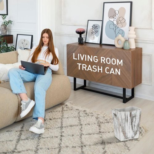 BYZCYSG 2 Pack Trash Can Wood Waste Basket Wooden Garbage Bins Decorative Farmhouse Trash Can for Bathroom Bedroom Office Desk Living Room (Rustic White)