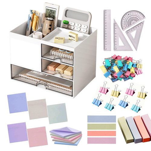 Catekro Pen Organizer with 3 Drawer, Desk Top Accessories Stationary Organizer Desk Caddy, Multi-Functional Pencil Holder for Desk Organizers with 5 Compartments for Office Art Supplies(White)