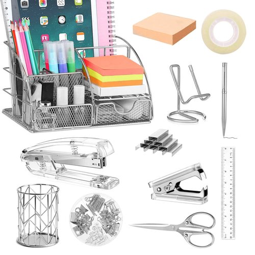 JUOPIEA Desk Organizers and Accessories Office Supplies 12PS Set with Acrylic Stapler, Staple Remover, Pen Holder, Clips, Scissor, Phone Holder, 1 Pen Ect