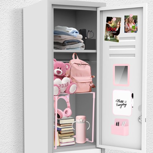 Locker Organizer and Accessories Kit, Includes Metal Locker Shelf, Magnetic Mirror, Pen Holder, Whiteboard, Markers, Magnets, Back to School Essentials Locker Decorations,Office,Gym Lockers (Pink)