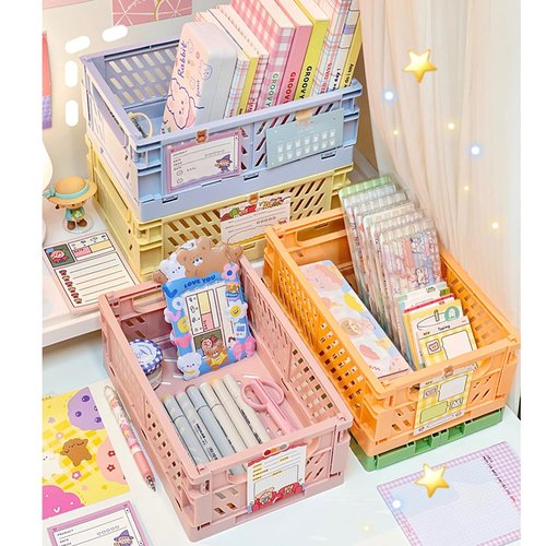 Dotbengc Small Storage Crates, Plastic Folding Baskets, Foldable Storage Bins, Stackable Collapsible Crates for Desk Organizing, Pastel Cute Basket Containers for Bedroom Home Office Organizer, 4Pack