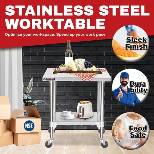 DuraSteel 24x30 NSF Stainless Steel Work Table - Heavy Duty Rolling Food Prep Cart on Wheels