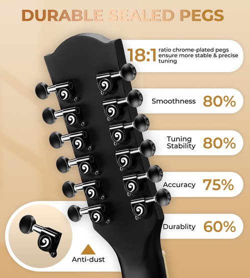 Vangoa 12 String Guitar Acoustic Electric, Upgraded Guitar 12 Strings Bundle for Beginner Intermediate Adults Teens, Guitarra de 12 Cuerdas, Spruce Top Bone Nut, Black, Matte