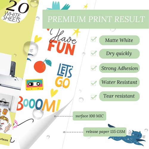 JAGERGREEN Printable Vinyl Sticker Paper for Inkjet & Laser Printers, 20 Sheets 8.5x11 Inch White Matte Sticker Paper Waterproof for Custom Stickers, Labels, Decals, Crafts
