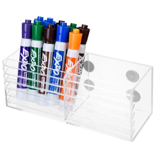 MyGift 2 Slot Clear Acrylic Magnetic Whiteboard Marker Holder, Decorative Office Supplies Storage Bin Organizer, Desktop Pencil Cup
