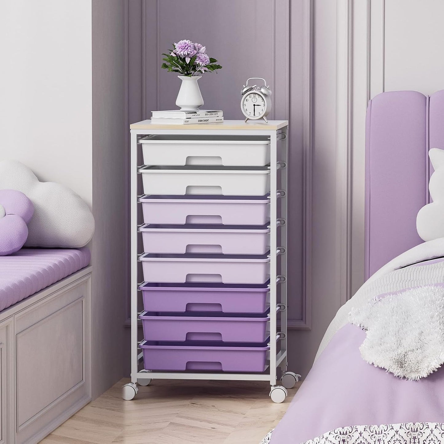 SYKIARIOL Rolling Utility Cart - 8 Drawer Storage with Wooden Tabletop for Home & Office | Purple