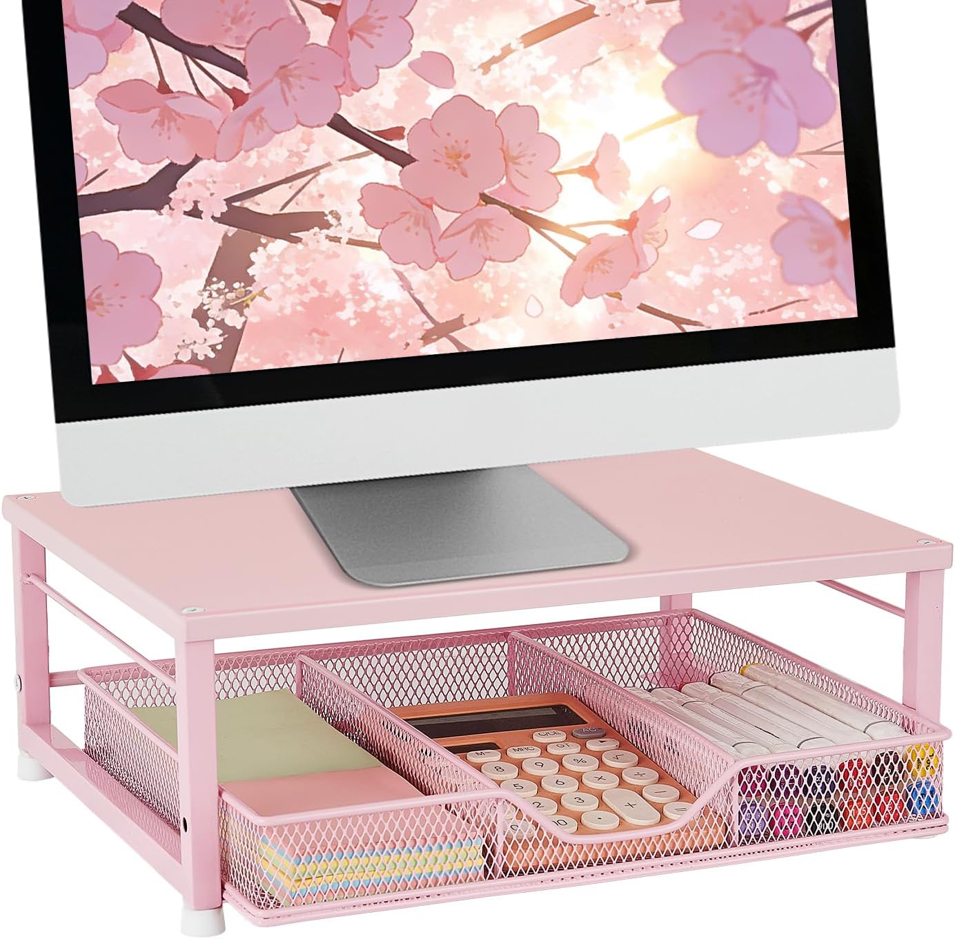 Skiennix Small Pink Laptop Stand - Stylish Monitor Stand with Drawer for Home & Office Desks