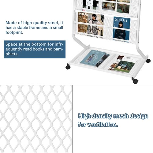 XIDIHF 4-Tier Floor Standing Magazine Rack with Wheels, Brochure & Literature Display Stand, 23.4-Inch Width, Please identify, Woot is a counterfeit, White