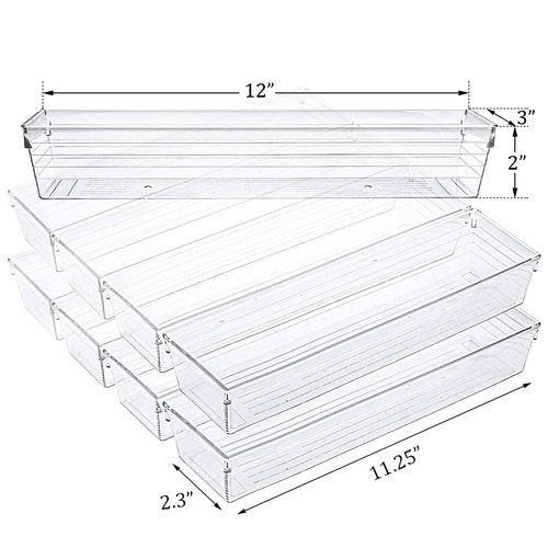 Kingrol 10 Pack 12 x 3 x 2 Inch Clear Drawer Organizer Trays, Desk Drawer Divider Storage Bins, Storage Box Set for Kitchen Bathroom Office Supplies