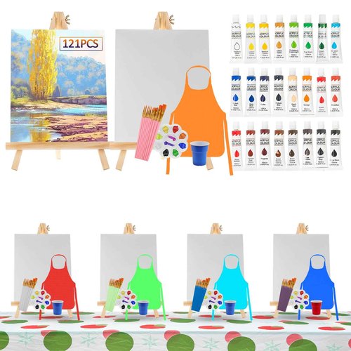 121 Pcs Art Painting Kit Supplies Set for Kids to Party - 60 Paint Brushes, 24 Acrylic Paints, 6 Wood Easels & Canvas Panels & Palettes & Aprons & Wash Pen Cup, 1 Plastic Tablecloth