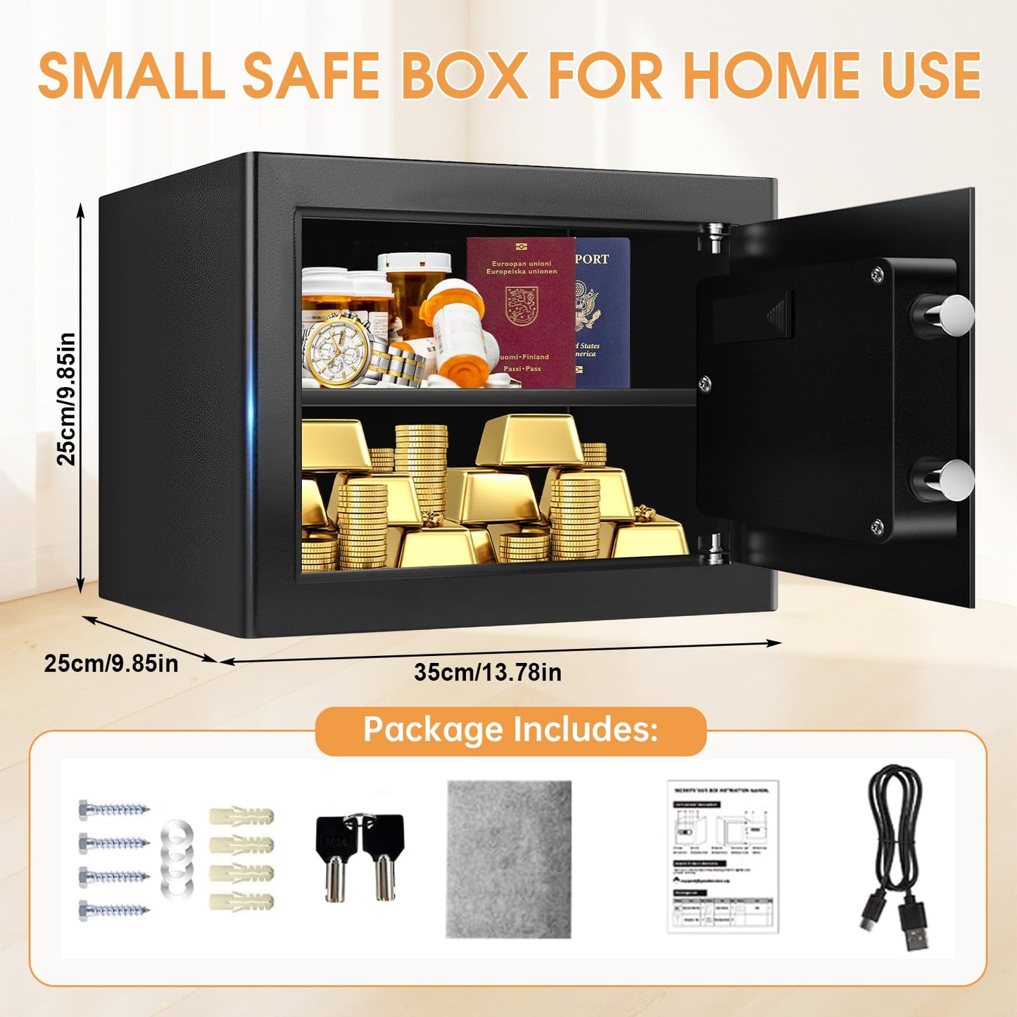 1.2 Cub Small Fireproof Safes for Home, Digital Home Safe Fireproof Waterproof with Programmable Keypad, Spare Keys and Removable Shelf, Fire Safe Box for Document Money Valuables