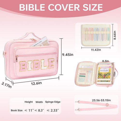 Bible Cover Case for Women Large Bible Bag with Bible Highlighters Tabs Bble Case Leather Western Bible Cover Carrying Tote Bags for Bible Study Accessories (Pink, Large)