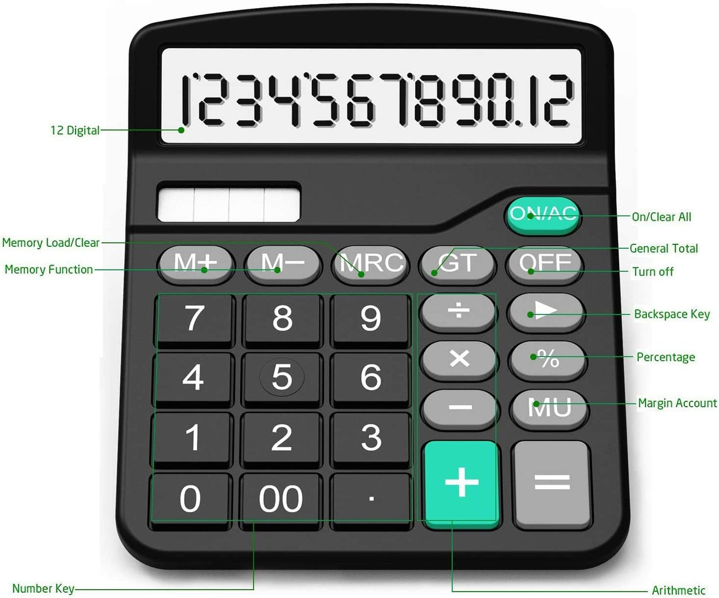 Splaks Desktop Calculators - Dual Power Solar & AA Battery | 12-Digit Large Display (Black & Silver)