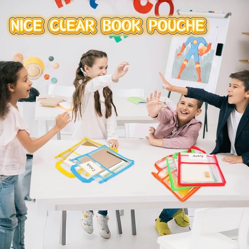 Tdfronien12 Pack Student Clear Book Pouches Bulk with Name Card Pocket and Handles Book Bags for Kids Organizing Storage Waterproof Pouches School Classroom Toys and Office (Bright Color,10 x 12 Inch)