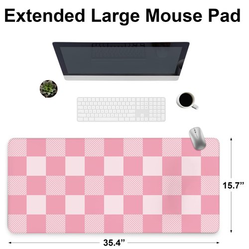 Checkered Mouse Pad Gaming, Large Mouse Pad for Desk, Checkered Desk Mat Extended Mousepad with Non-Slip Rubber Base Stitched Edge, Long Keyboard Mat for Gaming Home Office, Pink, 35.4" x 15.7"