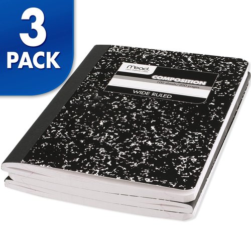 Mead Composition Notebook, 3 Pack, College Ruled Paper, 7-1/2" x 9-3/4", 100 Sheets per Comp Book, Black Marble (38111)
