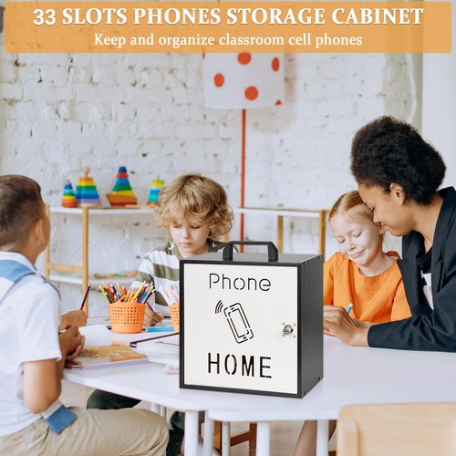 Lzttyee Cell Phone Holder Classroom 33 Slots Wooden Cell Phone Storage Cabinet Pocket Chart with Handle and Security Lock for Classroom Office (33 Grid Cabinet Black)