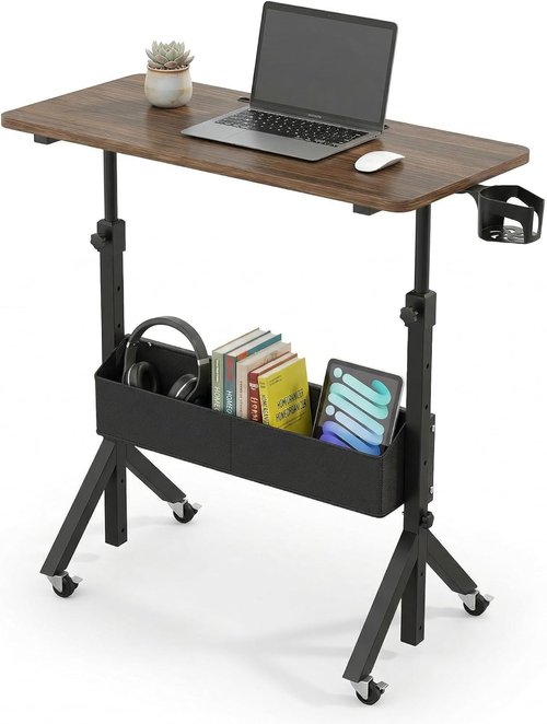 HUANUO Mobile Standing Desk - Height Adjustable 28.7"-46.1" with Wheels & Storage Basket | Compact Home Office Solution