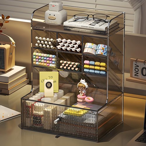 Clear Desk Organizer, Pen Storage Shelves with Drawers, Desk Accessories Holder,Makeup Brush Storage Organizer for Office School Home Supplies (Transparent Brown)