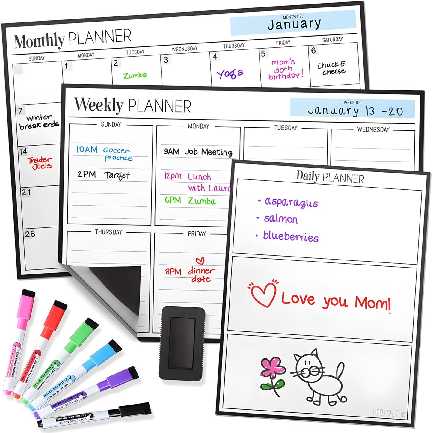 Cinch! Magnetic Calendar Bundle of 3 - Monthly, Weekly, Daily Planning Dry Erase Boards for Fridge - Magnetic Fridge Calendar Whiteboard Set with 6 Fine Tip Markers, Large Eraser, and Magnets