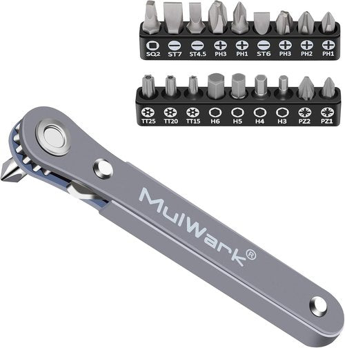 MULWARK 20pc Ultra Low Profile Mini Ratchet Wrench Set - High Torque Right Angle EDC Tool with Multi Hex Bits