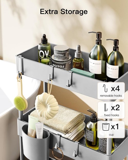 Pipishell Slim Storage Cart - 3-Tier Rolling Organizer for Bathroom, Kitchen, and Laundry Room - Gray