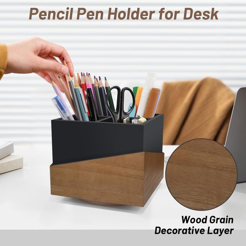 DUO GE MAO Rotating Pen Holder for Desk, Black Pencil Holder Pen Cup with Wood Grain Veneer, Wooden Desktop Pen Organizer Desk Caddy Organizer for Makeup Brush, Flatware, Remote Control