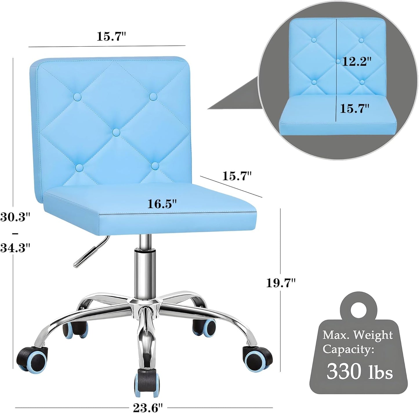 VECELO PU Leather Mid-Back Armless Vanity Chair - Adjustable Height & 360° Rolling Swivel
