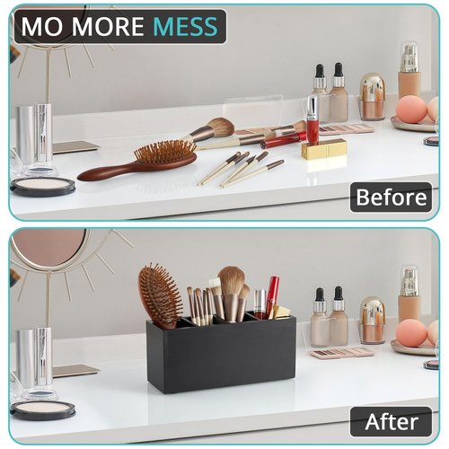 Bivvclaz Pencil Pen Holder for Desk, Wooden Office Desk Organizers and Accessories with 4 Slots for Countertop, Makeup Brush Holder Organizer for Bathroom Vanity, Silverware Caddy for Party, Black
