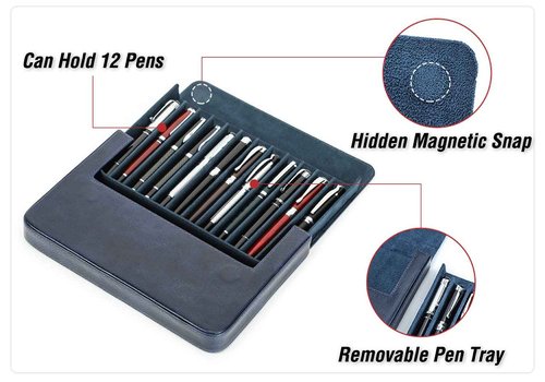 CataPurus Top Grain Genuine Leather 12 Pen/Pencil Tray Case Organizer, Solid Fashion Design No Logo, Handmade, Magnetic Closure with Drawer, Gift Choice for Man/Woman/Office, Glossy Black, 12 Slots