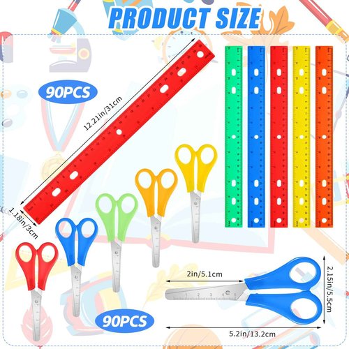 MotiMind 180 Pcs School Supplies Bulk with Safety Blunt Tip Student Scissors 12 Inch Plastic Rulers Back to School Kit for Student Classroom Office