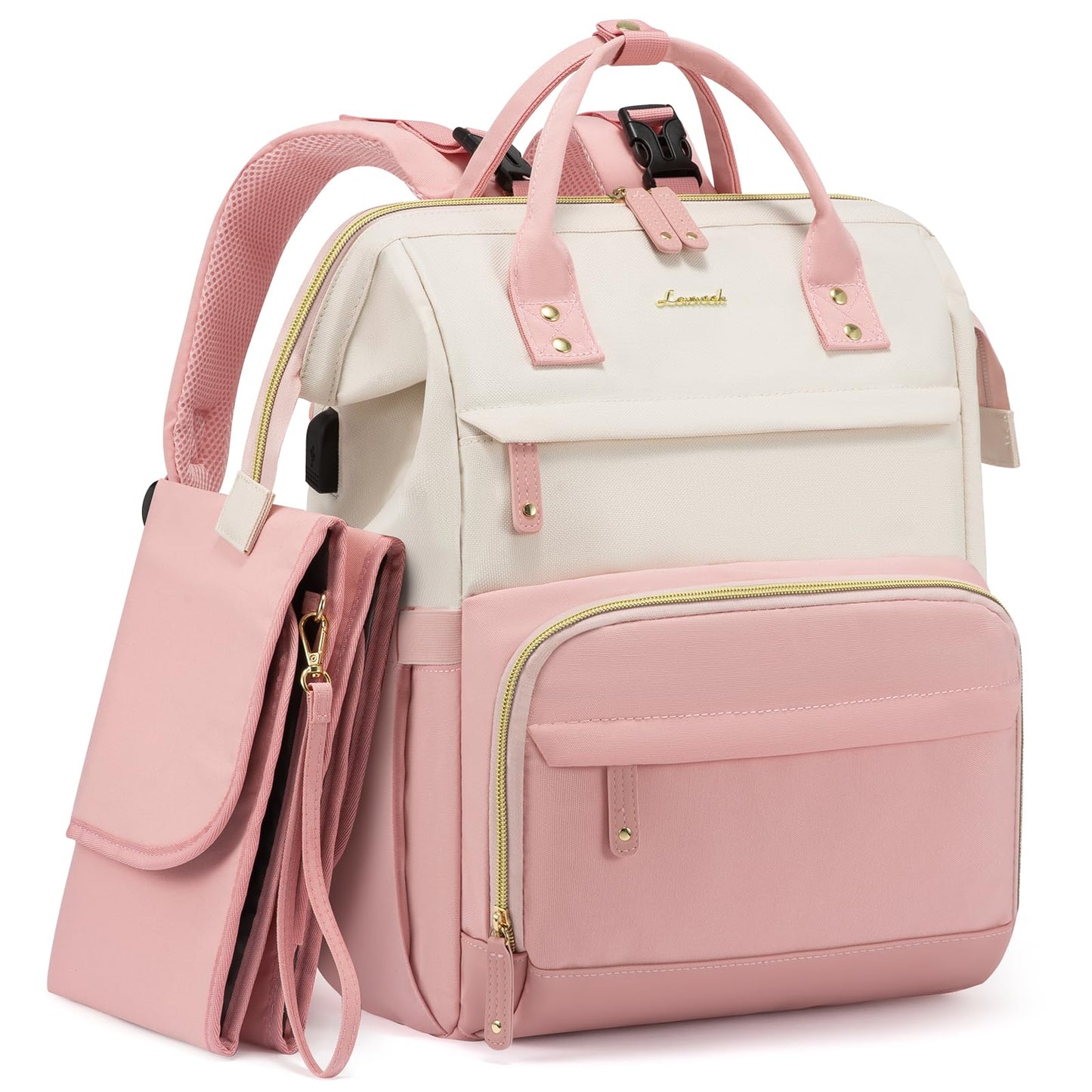 LOVEVOOK Diaper Bag Backpack, Baby Bag with Changing Station, Large Diaper Backpack for Moms Dads, Waterproof Leather Accents Baby Boy and Girl Bag for Travel Baby Essentials, Pink-Beige