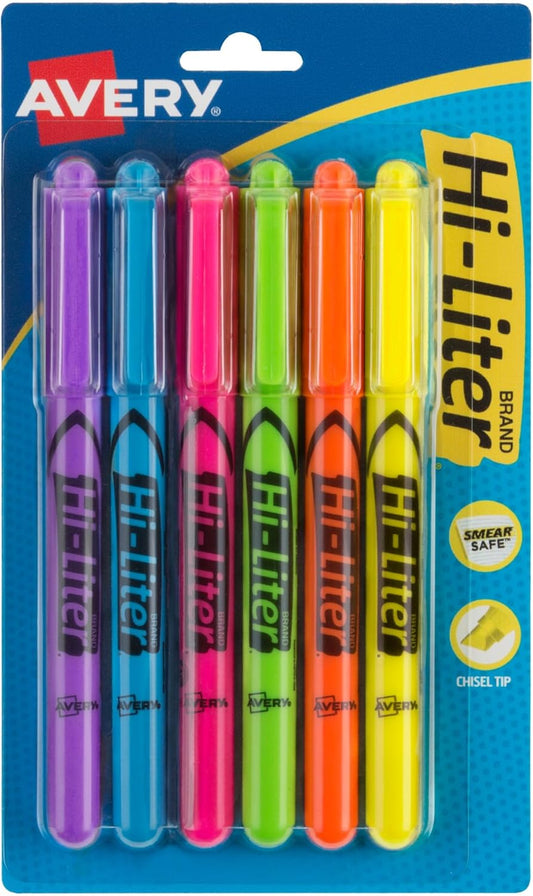 Avery Hi-Liter Highlighters - Smear Safe Ink, Chisel Tip, 6 Assorted Colors (23585)