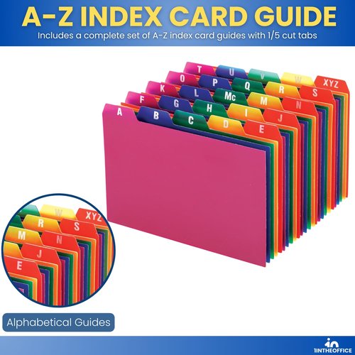 1InTheOffice Index Card Box & Holder 5x8, 400 Capacity & Guide Set A-Z, 1/5 Tab
