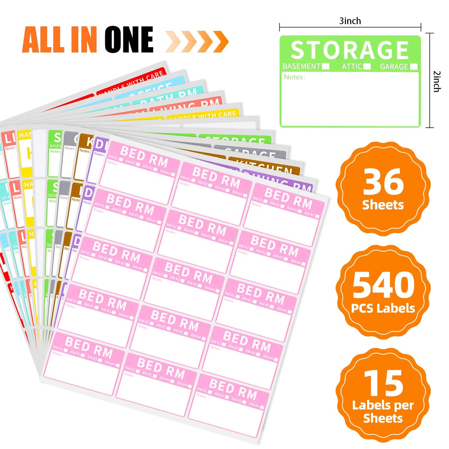 Azureal 540 PCS Moving Labels, 10 Color Coded Moving Stickers Including Fragile, Heavy and Blank Labels, 2'' x 3'' Packing Labels for Moving Boxes, Moving Supplies, Wardrobe Boxes, Apartment Sticker