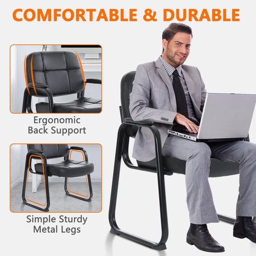 CLATINA Big & Tall 400 lbs Waiting Room Guest Chair, Leather Office Reception Chair No Wheels with Backrest Wide Seat and Padded Arms for Home Office Lobby Conference Waiting Room, Black, 1PACK