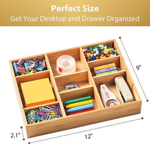 Umilife Desk Drawer Organizer, Bamboo Wood Organizer Tray with Adjustable Compartments, Office Desk Accessories Supplies Organization Storage, 12" x 9"