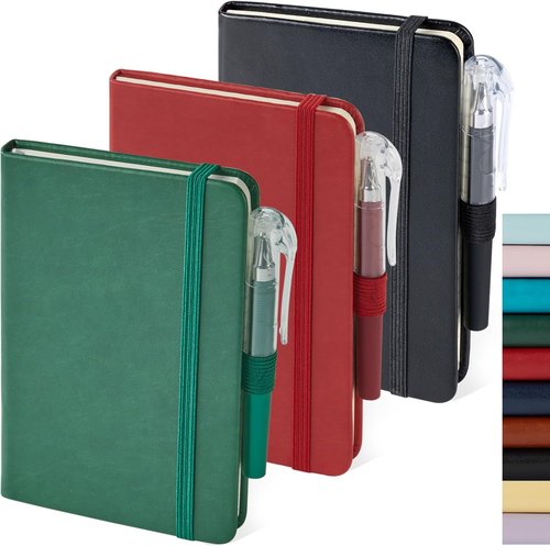 NIRMIRO Mini Pocket Notebooks - 3 Pack A6 Leather Journals with Pen | Black, Red, Green