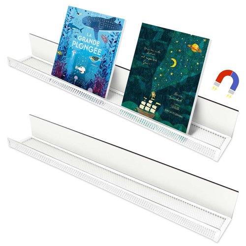 2 Pack White Metal Magnetic Book Shelf for Whiteboard Classroom, 17Inch Floating Book Display Shelves Heavy Duty Magnetic Book Holder Magnet Refrigerator Organizer for Kid Room Office Teacher Storage