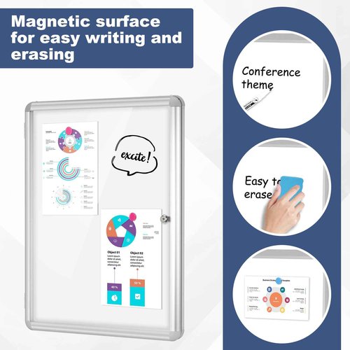 WALGLASS Enclosed Bulletin Board, 26"x20" Lockable Display Case Outdoor Weatherproof Whiteboard, Silver Aluminium Frame, Rectangular, Glossy Finish