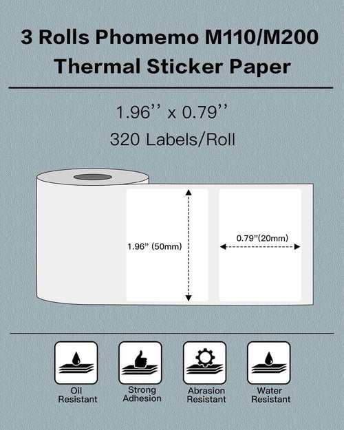Phomemo Thermal Label Paper - 3 Rolls of Self-Adhesive Labels, 1.96'' x 0.79'' (50x20mm) | 320 Labels/Roll