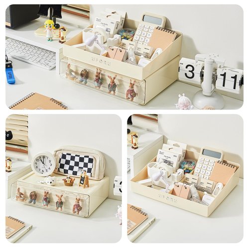 UFORU Desk Organizer with 6 Compartments, 2 Tier Stackable Storage Drawers Plastic Makeup Storage, Office Desk Storage Box, Stationary Sorting Helper