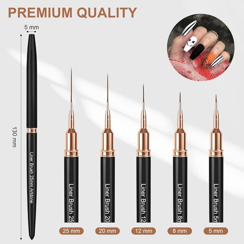 Artdone Metallic Nail Art Pens - 5PCS Liner Brush Set for Fine Detailing & Long Lines | Black Color