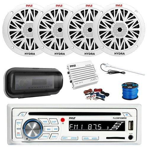 Pyle PLCDBT65 Bluetooth Marine Stereo AM/FM CD Stereo Receiver, Cover, 4-Channel Amplifier w/Kit, 4x 6.5" 200 Watt Peak Full Range 2-Way Waterproof Speakers w/Wire, Long Range Radio Antenna