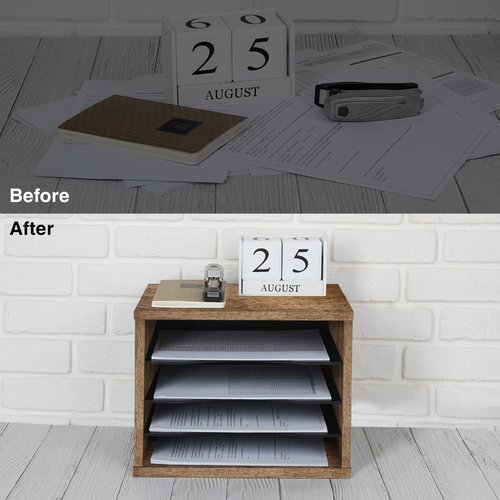 J JACKCUBE DESIGN Rustic Wood Desk Organizer - 4 Compartment File Holder for Home & Office | Document Storage & Mail Tray