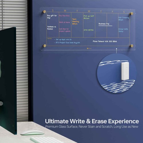 Clear Glass Weekly Dry Erase Calendar Non-Magnetic Whiteboard for Wall, 7 Day to Do List, Menu & Meal Planner White Board for Kitchen Home Office, 23x9.5, 4 Markers Included, Yeoux